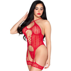 LEG AVENUE - 89338 OFFENER SPITZEN-Bodysuit MIT STRUMPFGÜRTEL + STRING ROT - EINE GRÖSSE – Produktansicht 2