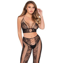 LEG AVENUE - 89368 NETZ- UND SPITZEN-CROP-TOP UND STRUMPFHOSE, SCHWARZ - EINHEITSGRÖSSE – Produktansicht 3