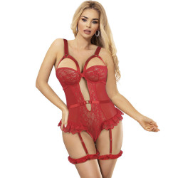 SUBBLIME - TEDDY MIT STRUMPFBAND MIT SPITZENDETAIL UND STREIFEN ROT