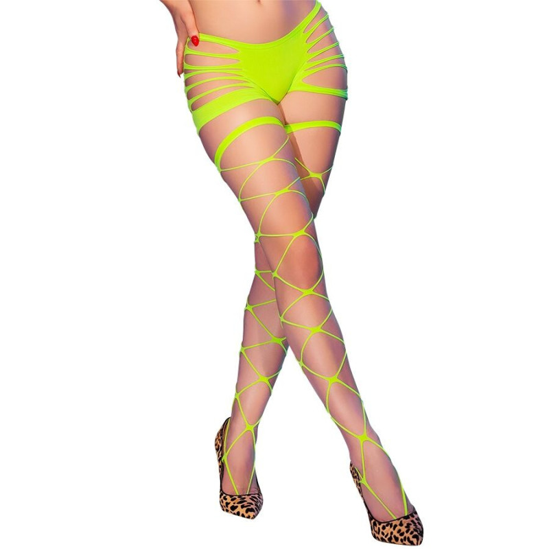 CHILIROSE - CR 4867 NEONGRÜNE NETZSTRUMPFHOSEN MIT LÖCHERN