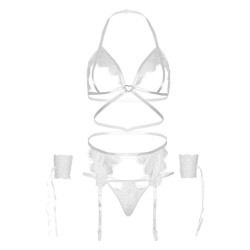 LEG AVENUE - VIERTEILIGES SET: BH, G-STRING, STRUMPFGÜRTEL UND HANDGELENK-MANSCHETTEN, EINE GRÖSSE - WEISS – Produktansicht 5