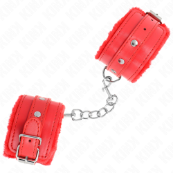 KINK - PREMIUM PELZGEFÜTTERTE HANDGELENKFESSELN ROT MIT ROTEM GÜRTEL VERSTELLBAR 17-29 CM X 6 CM – Produktansicht 3