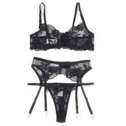 SUBBLIME - 3-TEILIGES SET BH + STRING + STRUMPFBAND BLUMENPRINT SCHWARZ – Produktansicht 5