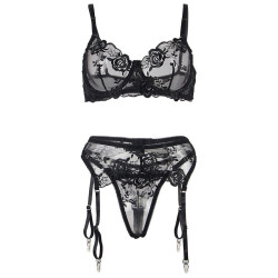 SUBBLIME - 3-TEILIGES SET BH + STRING + STRUMPFBAND BLUMENPRINT SCHWARZ – Produktansicht 6