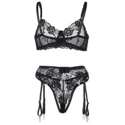 SUBBLIME - 3-TEILIGES SET BH + STRING + STRUMPFBAND BLUMENPRINT SCHWARZ – Produktansicht 7
