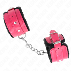KINK - PREMIUM PELZGEFÜTTERTE HANDGELENKFESSELN SCHWARZ MIT HIMBEERROSEN-GÜRTEL VERSTELLBAR 17-29 CM X 6 CM –…