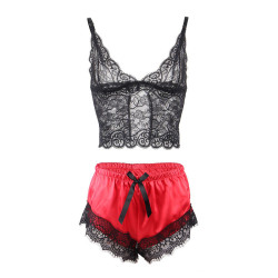 SUBBLIME - 953966 LÄSSIGE SEIDE NACHTHEMD + SPITZENHOSE SCHWARZ/ROT L/XL – Produktansicht 7