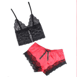 SUBBLIME - 953966 LÄSSIGE SEIDE NACHTHEMD + SPITZENHOSE SCHWARZ/ROT L/XL – Produktansicht 9