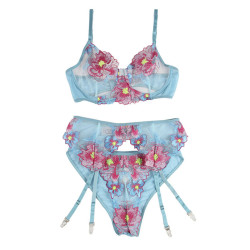 SUBBLIME - 954109 BH + HÖSCHEN MIT STRUMPFGÜRTEL BLUMENDESIGN BLAU S/M – Produktansicht 5