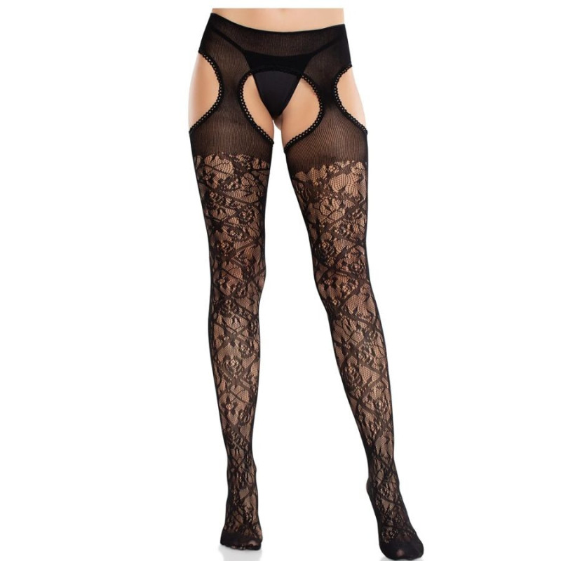 LEG AVENUE - BLUMENSPITZENSTRÜMPFE MIT STRUMPFBÄNDERN UNITED BLACK
