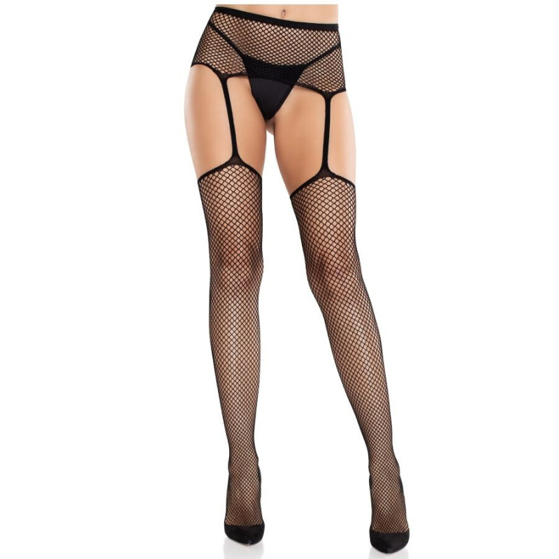 LEG AVENUE - SPITZENSTRÜMPFE MIT KREUZ UND STRUMPFGÜRTEL SCHWARZ