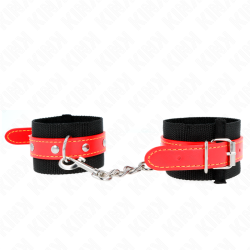 KINK - NYLON HANDGELENKFESSELN SCHWARZ MIT KUNSTLEDER ROT VERSTELLBAR 19-24 CM X 5,5 CM – Produktansicht 2