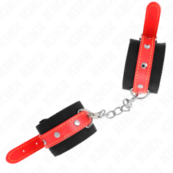 KINK - NYLON HANDGELENKFESSELN SCHWARZ MIT KUNSTLEDER ROT VERSTELLBAR 19-24 CM X 5,5 CM – Produktansicht 3
