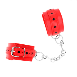 KINK - ROTE HANDGELENKSFESSELN MIT SCHWARZER HERZEINLAGE, VERSTELLBAR 21-28 CM X 5,5 CM – Produktansicht 2