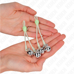 KINK - LEUCHTENDE TOTENKOPF-NIPPELKLAMMERN MIT RINGGLÖCKCHEN VERSTELLBAR GRÜN/SILBER – Produktansicht 3