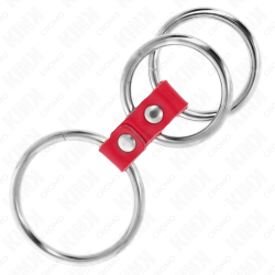 KINK - DREIFACH METALL PENISRING 3,7 CM BIS 5 CM VERBUNDEN MIT ROTEM LEDER – Produktansicht 3