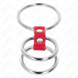 KINK - DREIFACH METALL PENISRING 3,7 CM BIS 5 CM VERBUNDEN MIT ROTEM LEDER – Produktansicht 4